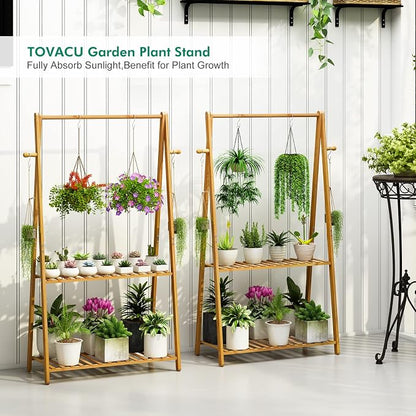 Hanging Plant Shelf Indoor Outdoor Bamboo Wood Plant Flower Stands | 2 Tiered - Image 4