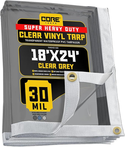 Core Tarps 30 Mil Extreme Heavy Duty Clear Tarp with Gromments - 18x24ft Super Clear Tarps Heavy Duty Waterproof Vinyl Tarpaulin, Transparent Tarp for Outdoor, Camping & Construction, Clear Grey