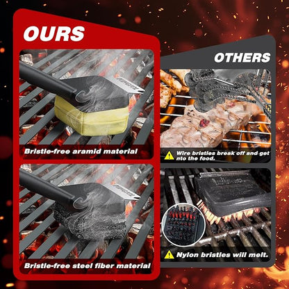 Grill Brush for Outdoor Grill - Bristle Free Grill Cleaner Brush, Steam BBQ Grill Brush with Durable Scraper for Cast Iron or Stainless-Steel Grates, 2 Replaceable Heat-Resistant Heads (Yellow)