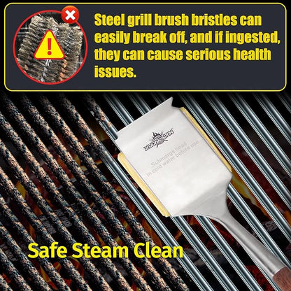 Bristle-Free Steam Cleaning Grill Brush,with Extended Luxurious Rosewood Handle,Unique Wavy Pad Seamless-Fit Cast Iron/Stainless-Steel Grates,Safe Grill Cleaner for Outdoor Grill
