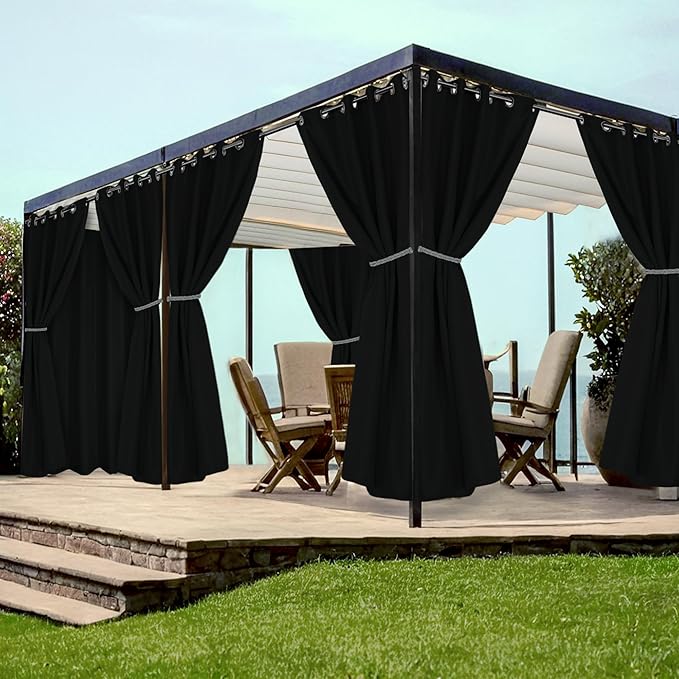 HolidayIdeas Grommet Outdoor Curtains for Patio Waterproof 8 Pcs All Weather Balcony Black Outside Curtains for Apartments, Gazebo, Pergolas, Porch, 54x84 Inch