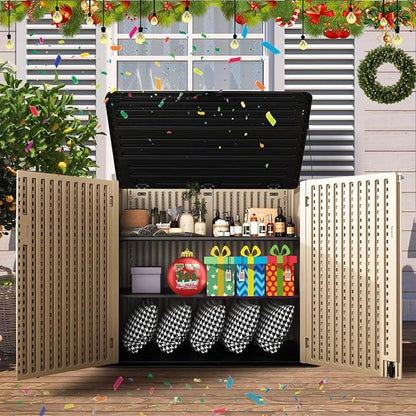 ZZM Large Outdoor Storage Shed, 48 Cu Ft Resin Versatile Storage Cabinet for Patio Accessories, Trash Cans & Garden Tools, Durable Horizontal Storage Box with Lockable Lid (Coffee)