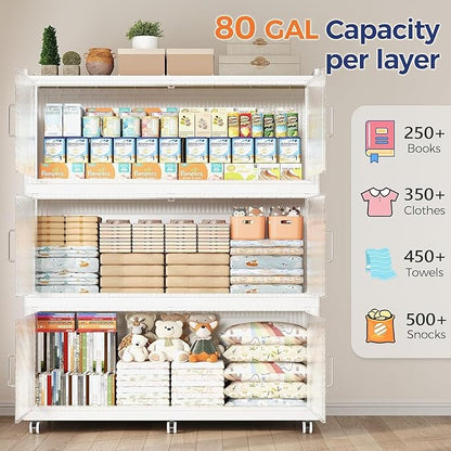 320GAL Extra Large Storage Bins with Lid, 1280QT Collapsible Organizer with Wheels, Stackable Closet Cabinet with Doors, Folding Storage Containers for Home, Office, Kitchen, 4Pack White