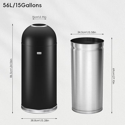 EKO Eternal 56L/15 Gallon Large Capacity Tall Commercial Trash Can, Round Open Top Waste Bin for Indoor and Outdoor, Black Steel Heavy-Duty, Durable Metal Garbage Bin for Home, Office, Restaurant