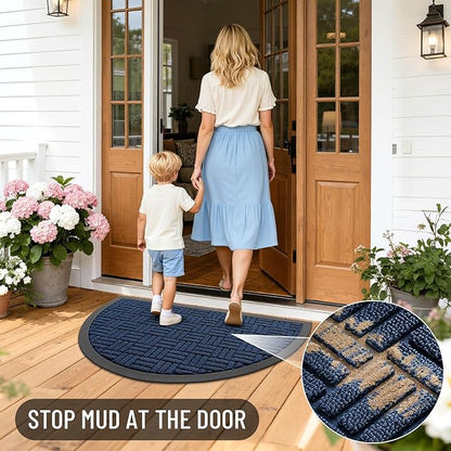 OLANLY Half Circle Door Mat Outside Entrance 29.5x17, Absorbent, Heavy Duty Sturdy Natural Rubber Doormat Indoor Outdoor, Fade Resistant, Non-Slip Backing Low Profile Floor Mat for Entryway, Navy Blue