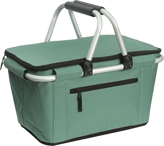 Picnic Basket, SIYUAN Collapsible Shopping Basket with Handles 27L Large Market Basket with Lid Reusable Folding Grocery Basket Insulated Cooler Bag, Green
