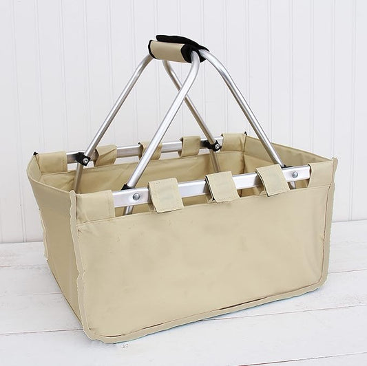 Threadart Large Collapsible Market Basket - Natural | Aluminum Frame | Polyester Fabric | Convenient Fold Flat Design |Reusable Space-Saving Shopping Tote, Gift Basket, Beach Basket, Picnic Basket