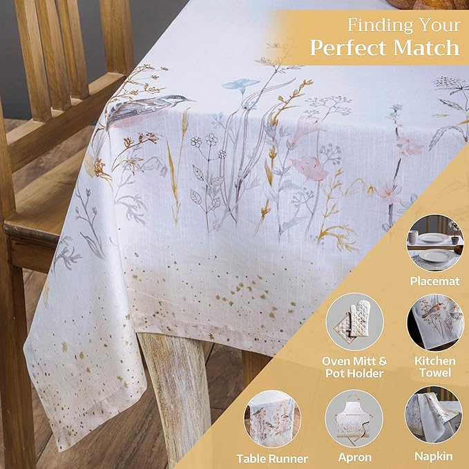 Maison d' Hermine Table Cloth Rectangle Table 100% Cotton 60 x 108 Inches Tablecloth Reusable for Dining Room, Farmhouse, Home, Party, Festive & Wedding Spring Summer - Meadow Florals - Beige