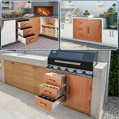 Stainless Steel Outdoor Kitchen Door Drawer Combo 38.2" W x 20.5" H x 22.6" D - Triple Drawers & Access Door, Propane Storage & Adjustable Garbage Ring, Weather-Resistant Flush Mount