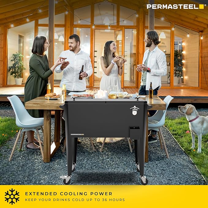 Permasteel 80 Quart Party Cooler, Rolling Ice Chest with Wheels and Handles for Indoor Outdoor Patio