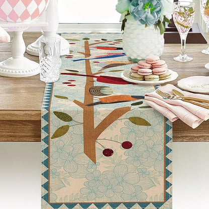 Seliem Spring Summer Birds Blue Table Runner, Cardinal Chickadee Bluebird Branch Red Berry Kitchen Dining Table Decor, Flower Nest Egg Burlap Home Decoration Indoor Outdoor Party Supply 13 x 72 Inches