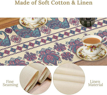Boho Elephant Table Runner, Rustic African Tribe Animal Damask Diwali India Mandala Art Print Purple Coffee Table Center Decor for Home Kitchen Holiday Party Outdoor Table Decorations, 13"x108"
