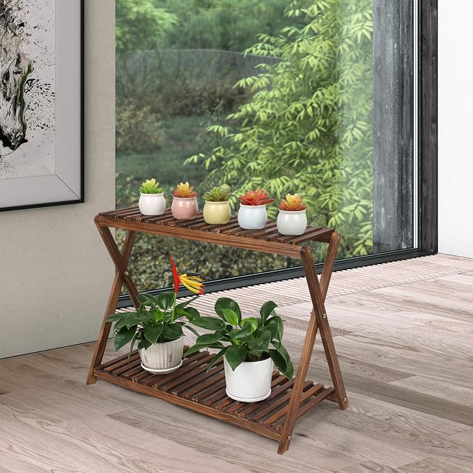 Wood Plant Stand Shelf Indoor Outdoor 2 Tier Plant Bench Corner | Stepped - Image 7