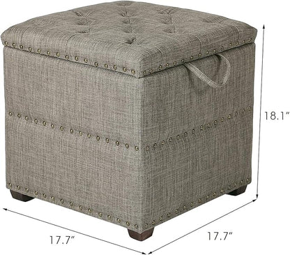 Adeco 18 Inch High Cube Ottoman Storage, Linen Grey Chair Foot Stools with Tray, Upholstered Vanity Stool