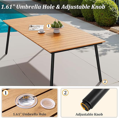 83" Patio Outdoor Dining Table for 6-8, Weather-Resistant Wood-Grain Top with Aluminum Frame & Umbrella Hole for Deck Gatherings, Brown