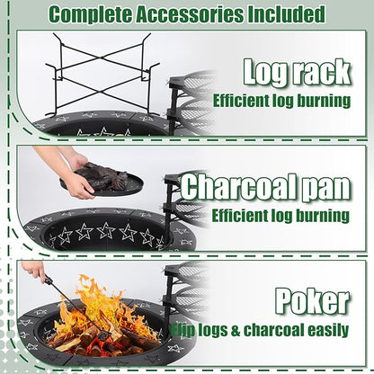 32.5" 3-in-1 Fire Pit Table with Dual Grills – Wood Burning Firepit for Outside Cooking, BBQ Grate & Round Patio Table – Includes Charcoal Pan, Log Rack,Poker & Lid for Backyard, Garden