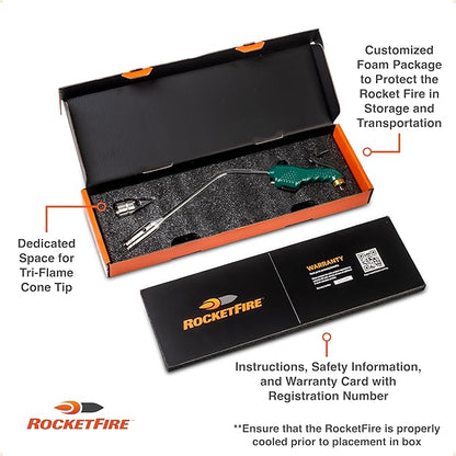 ROCKETFIRE Fire Starter Torch | Perfect Propane Torch Head, Grill Gun, Charcoal Torch | Compatible with Bernzomatic Propane & MAP/PRO Fuels | Stainless Steel Tri-Flame Tip | Fuel NOT Included | Green