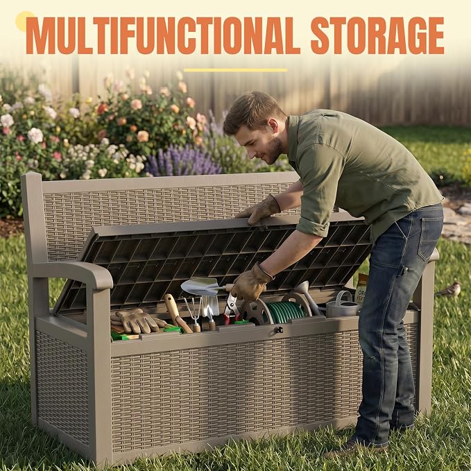Storage Bench Outdoor Deck Box, 100 Gallon Lockable Patio Furniture, - Image 7