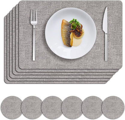 MOSAYT Faux Leather Placemats Set of 6, Heat Resistant Wipeable Washable Vinyl Place Mats with Coasters, Waterproof Oil Proof Table Mats for Kitchen Dining Party Outdoor, 12" x 17", Light Grey