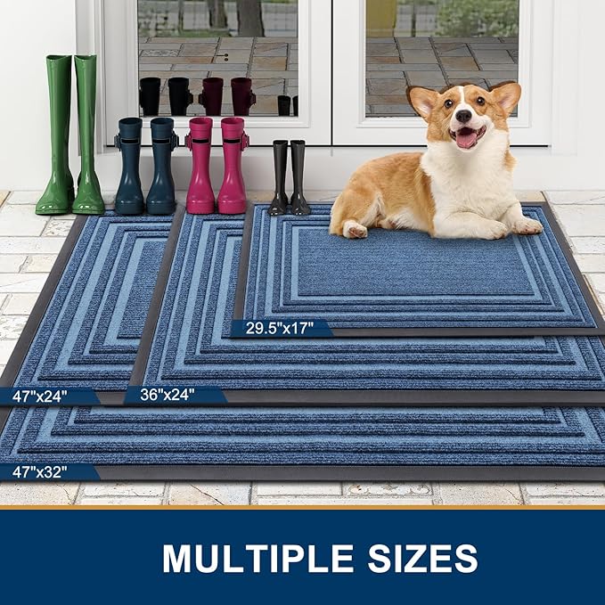 Buganda Front Door Mat Indoor Outdoor Entrance, Non-Slip Natural Rubber Doormats, Easy Clean, Low Profile, Dirt Trapper Entryway Floor Mats for Outside, Garages and Patios, 29.5x17, Light Blue