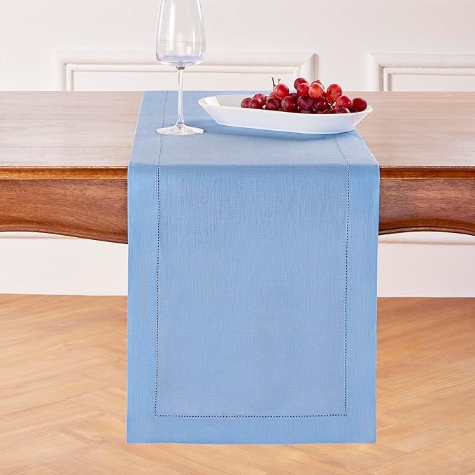 Solino Home Linen Cornflower Blue Table Runner 108 Inches Long - 100% Pure Linen Hemstitch 14 x 108 Inch Table Runner for Dining, Spring, Easter - Classic Hemstitch