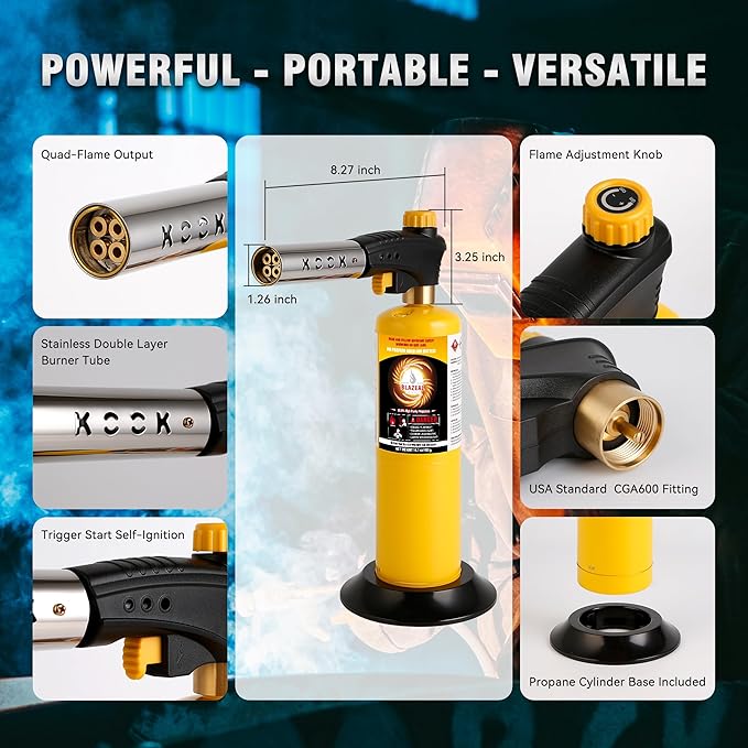 BLAZEAL Propane Torch Kit with 2x MAPP Gas,4-Flame Blow Torch Head with Propane Tank Base for MAP Gas,Work in All Angle,Trigger Start Torch Gun for Welding Brazing Soldering Grill Camping Cooking Food