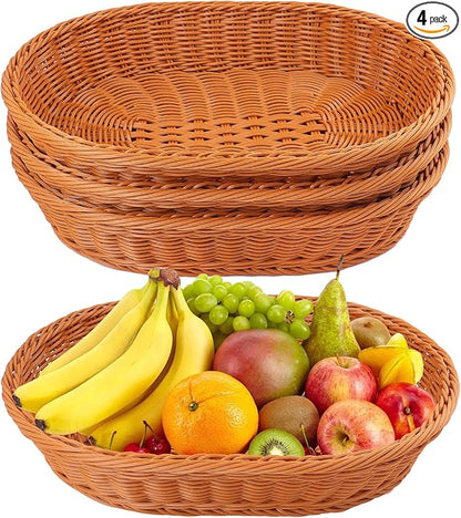 4 Pack 15.7 Inch Oval Poly Wicker Baskets, Plastic Oval Wicker Baskets, Rustic, Durable & Easy-Cleaning Wicker Bread Basket, for Home, Restaurant & Hotel Use, Brown