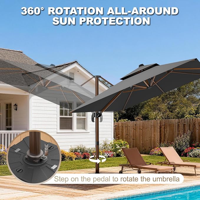 10x13FT Cantilever Outdoor Patio Umbrellas, Double Top Wood Pattern Rectangle - Image 2