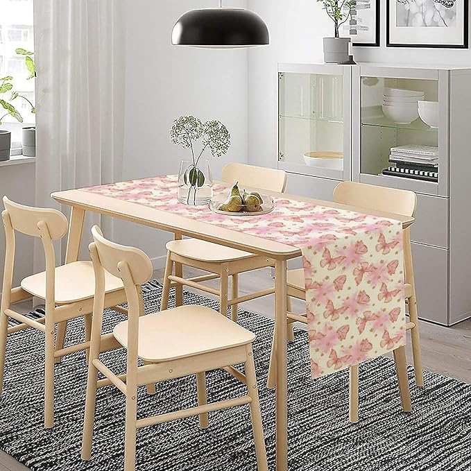 Watercolor Butterfly Table Runner, Cute Pink Butterfly Spring Modern Aesthetics Print Table Runner for Holiday Kitchen Dining Outdoor Home Party 13x36in