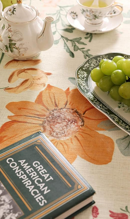 French Tablecloth for Round Table,Linen Orange Floral Wrinkle Resistant Tablecloths,Decorative Table Cover for Kitchen,Dining,Tea Party,Thanksgiving,Christmas,Diameter 67"-Milch