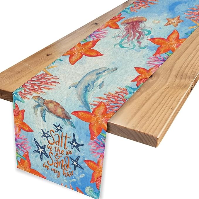 Summer Ocean Table Runner, Blue Sea Coastal Nautical Starfish Turtle Dolphin Seashell Undersea Table Runner Seasonal Holiday Home Kitchen Dining Table for Home Party Decor 13"x72"