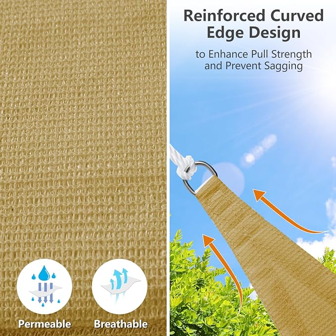 16' x 16' x 16' Triangle Sun Shade Sail, 185 GSM HDPE, Sand | 95% UV block - Image 3
