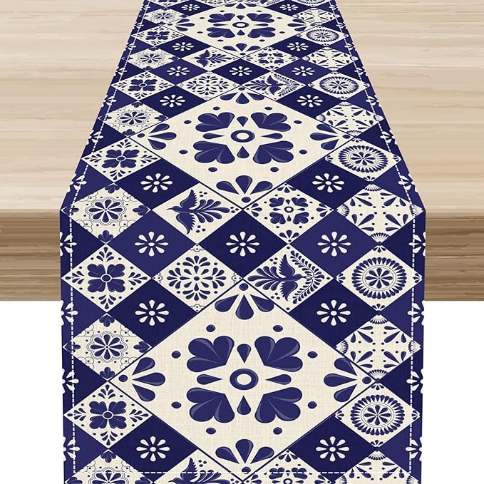 Mexican Table Runner, Blue Floral Birds Mexico Talavera Ceramic Dia De Los Muertos Coffee Table Center Decor for Family Home Kitchen and Dining Farmhouse Indoor Outdoor Table Decorations, 13" X 72"