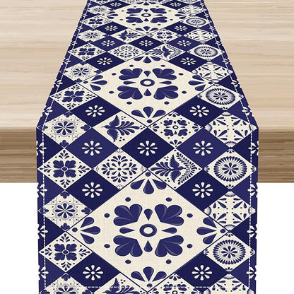Mexican Table Runner, Blue Floral Birds Mexico Talavera Ceramic Dia De Los Muertos Coffee Table Center Decor for Family Home Kitchen and Dining Farmhouse Indoor Outdoor Table Decorations, 13" X 108"
