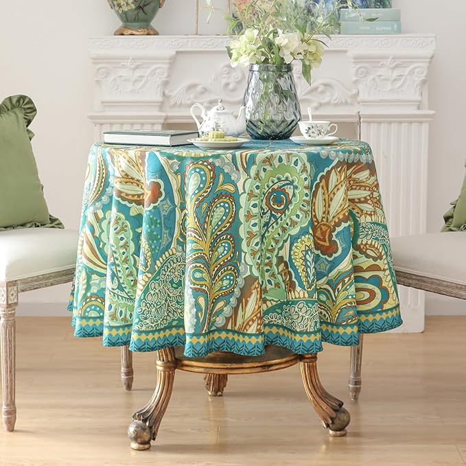 Linen 55 Inch Round Tablecloth,Wrinkle Resistant French Green Tablecloth Print with Froal,Decor Stitch Table Cloth for Thanksgiving,Dining Room,Home,Kitchen Diameter 55"-Milen