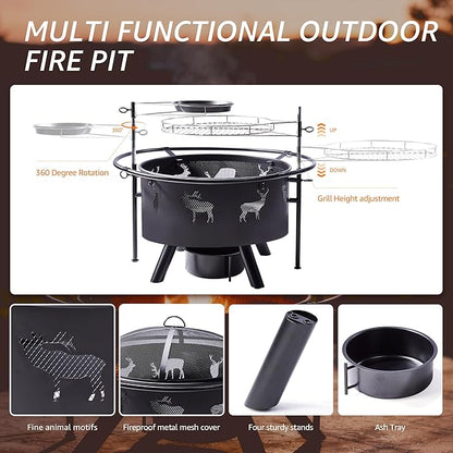 NATURAL EXPRESSIONS 32 Inch Outdoor Fire Pit, Wood Burning Fire Pits with 2 Grills, Poker, Brushes, Ash Pan, Mesh Cover, Waterproof Cover, Charcoal Fire Pit for BBQ, Patio, Bonfire, Heat&Cook