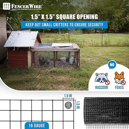 Fencer Wire 16 Gauge Hardware Cloth, Black Vinyl Coated Welded Wire Mesh, Chicken Coop Wire Fence, 1.5 inch x 1.5 inch Grid (3 ft. x 50 ft.)