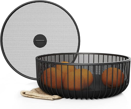 Metal Fruit Bowl with Mesh Lid and Basket - Fruit and Vegetable Holder For Kitchen Counter - Countertop Display Baskets Organizer - Bowl Storage for Veggie, Fruits, Snack, and Banana - Black