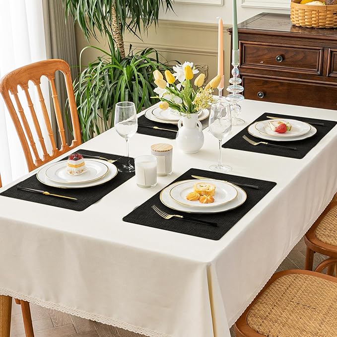 Romanstile Vinyl Placemats Set of 4-12 X 17 Inch - Heat Resistant Place Mats 100% Waterproof Oilproof Wipeable Reversible Faux Leather Table Mats for Kitchen, Dining, Party, Outdoor, Black