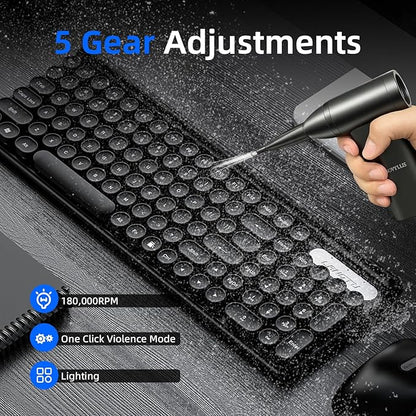 Electric Compressed Air Duster Mini Blower Cordless with Mini Vacuum Lighting 180,000 RPM Cleaner 5 Speed Handheld 3 in 1 USB-C for Computers Keyboards Electronics Home Car BBQ Grill