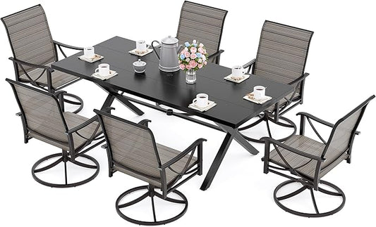 Kurapika 7-Piece Patio Dining Set, Patio Furniture Set for 6, Outdoor Large Metal Table with Umbrella Hole and Textilene Swivel/Rocking Chairs, for Garden, Deck, Porch, Pool All Weather, Brown