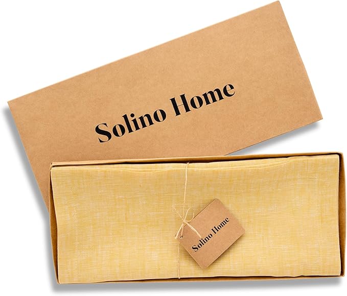Solino Home Linen Table Runner 108 Inches Long - Athena, 100% Pure Linen Chambray Mustard Yellow Table Runner 14 x 108 Inch for Dining, Spring, Easter