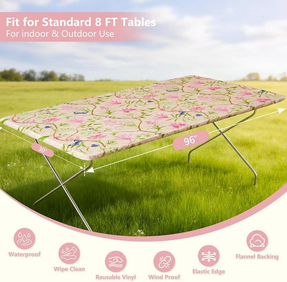Rectangle Picnic Table Cloth, Elastic Waterproof Fitted Vinyl Tablecloths for 8 Foot Tables, Wipeable Flannel Backed Table Covers for Dining, Camping, Outdoor(Pink Flower,30"x96")
