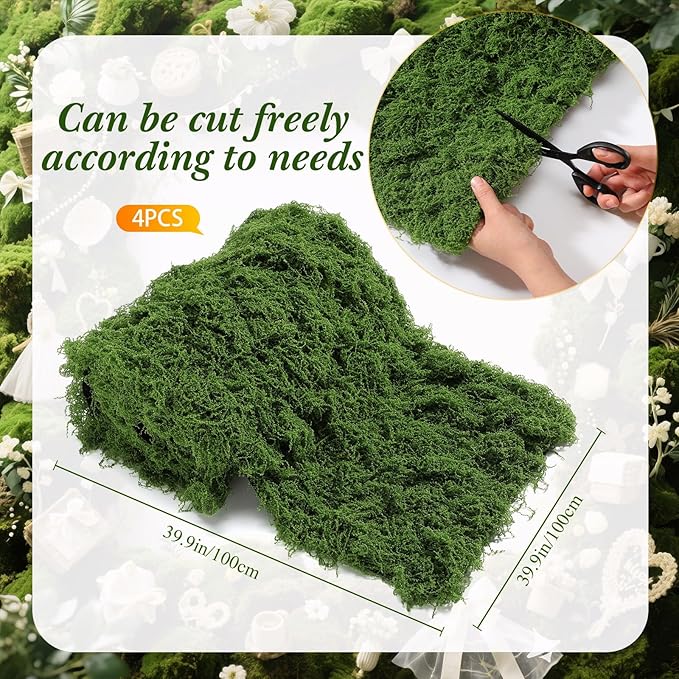 Zeyune 4 Pcs Fake Moss Table Runner for Crafts Artificial Moss Sheet Roll Waterproof Carpet Blanket for Wall Roof Garden Wedding Party Decoration (39 x 39 Inch)