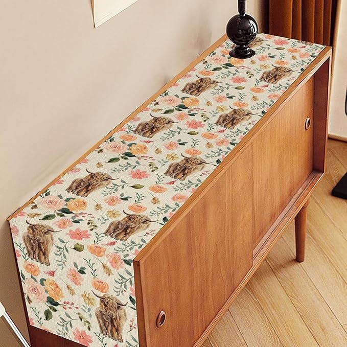 Cow Table Runner, Rustic Farmhouse Pink Floral Flower Spring Summer Yak Leaves Seasonal Coffee Table Center Decor for Home Kitchen Dining Patio Holiday Party Indoor Outdoor Table Decorations, 13"x36"