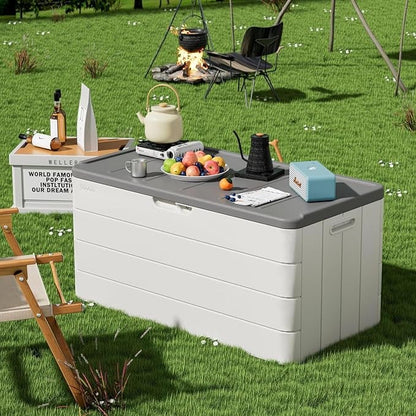 ZZM 110 Gallon Lockable Resin Deck Box, Waterproof Outdoor Storage Box for Patio Cushion Storage Cabinet and Tools Storage, White