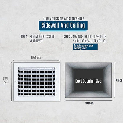 Fits 10x8 Duct Opening Steel Adjustable Air Supply Grille by Handua | Register Vent Cover Grill for Sidewall and Ceiling | White | Outer Dimensions: 11.75" X 9.75"