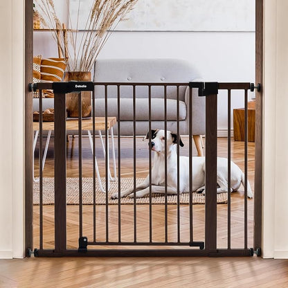 Mom's Choice Award Winner-BABELIO 26-40" Metal Baby Gate with Black Wood Pattern, PressGuard C5 Easy Install Pressure Mounted Dog Gate for Stairs and Doorways, with Wall Protectors and Extension Kits