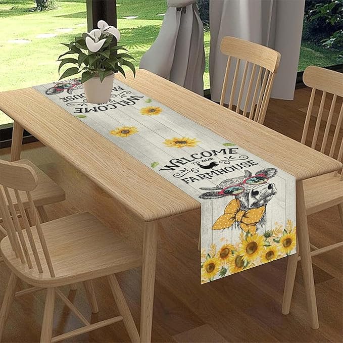 Farmhouse Cow Table Runner, Rustic Yellow Sunflower Floral Buffalo Animals Spring Coffee Farm Table Center Decor for Family Kitchen and Living Room Country Holiday Party Table Decorations, 13" X 36"