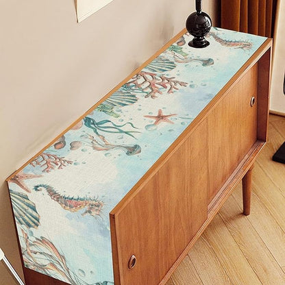 Summer Beach Table Runner, Blue Sea Coastal Nautical Turtle Jellyfish Seashell Ocean Table Runner Seasonal Holiday Home Kitchen Dining Table for Home Party Decor 13"x72"